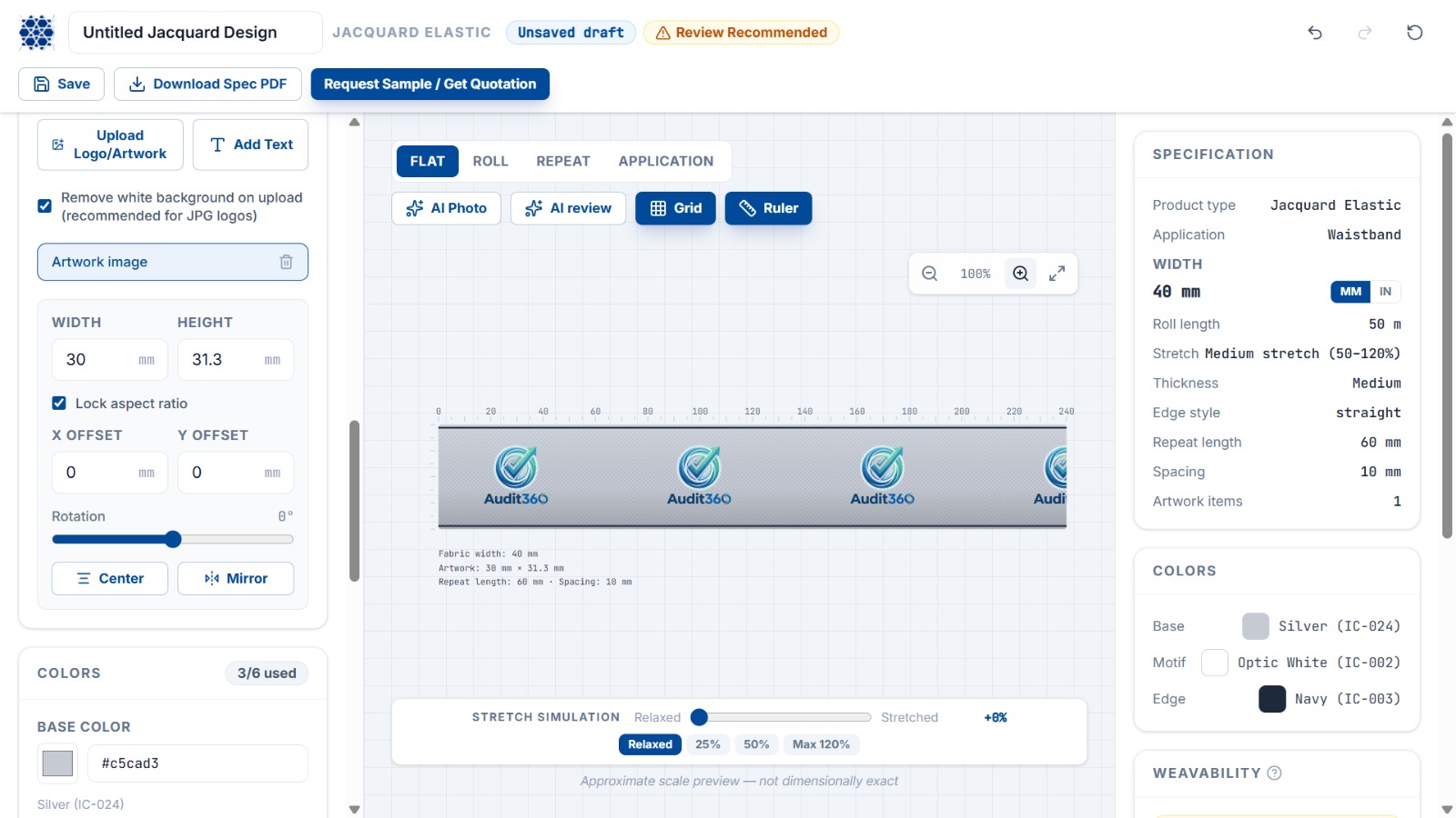 Example Design Studio interface configuring an Audit360-branded jacquard elastic sample