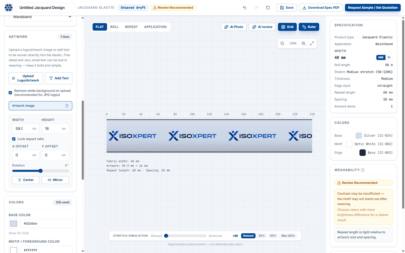 ISOXPERT Design360 Design Studio — jacquard elastic configurator with live specification, colours and weavability check