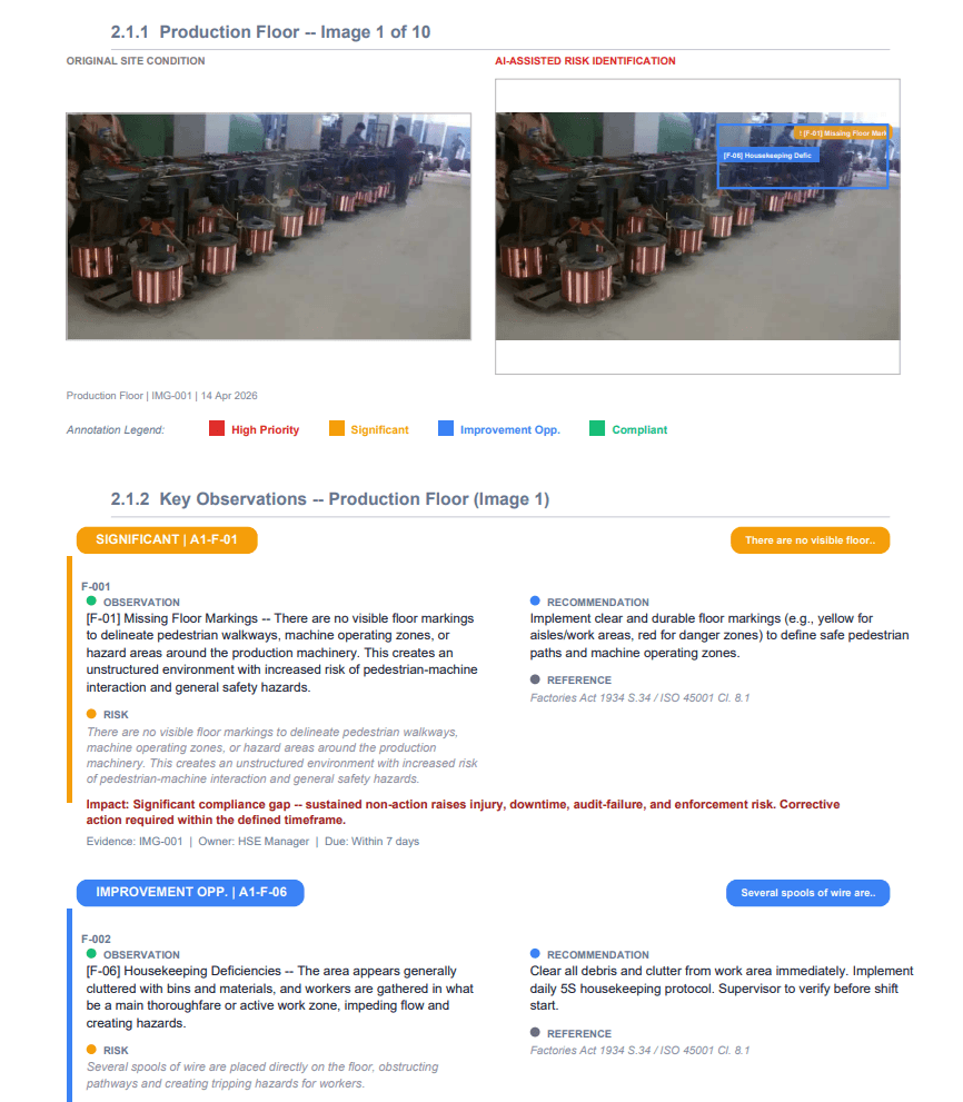 Inspect360 QHSE report — AI-assisted risk identification on production floor photos with observations, recommendations and ISO 45001 references
