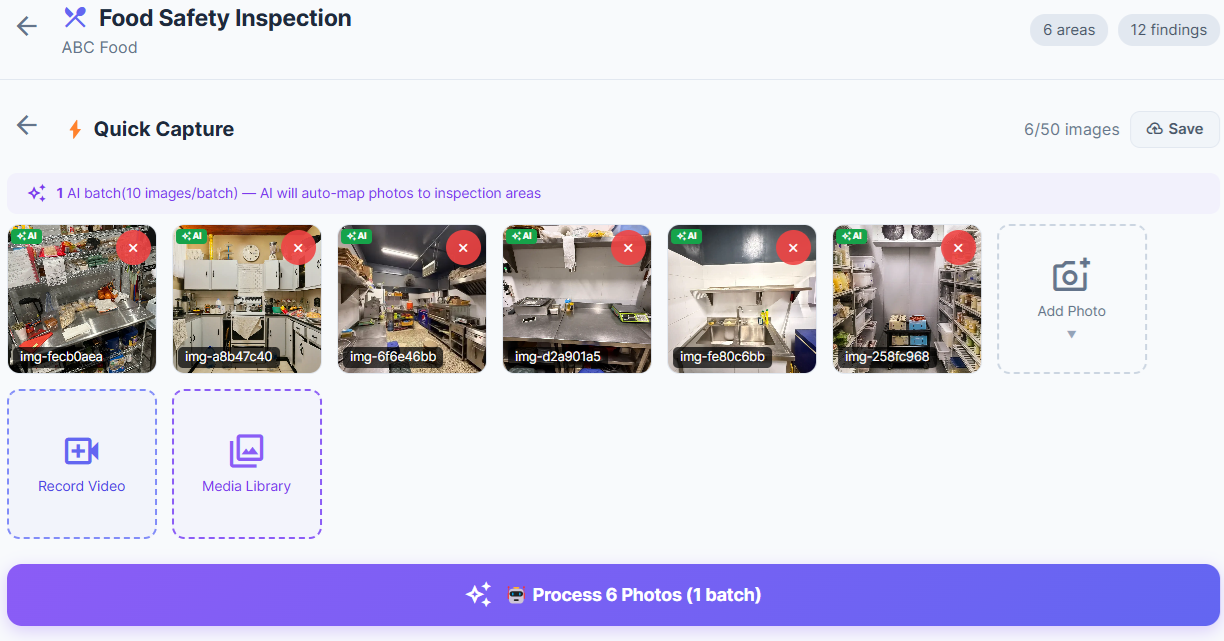 Inspect360 Quick Capture — batch photo capture during a food safety inspection, AI auto-maps photos to inspection areas